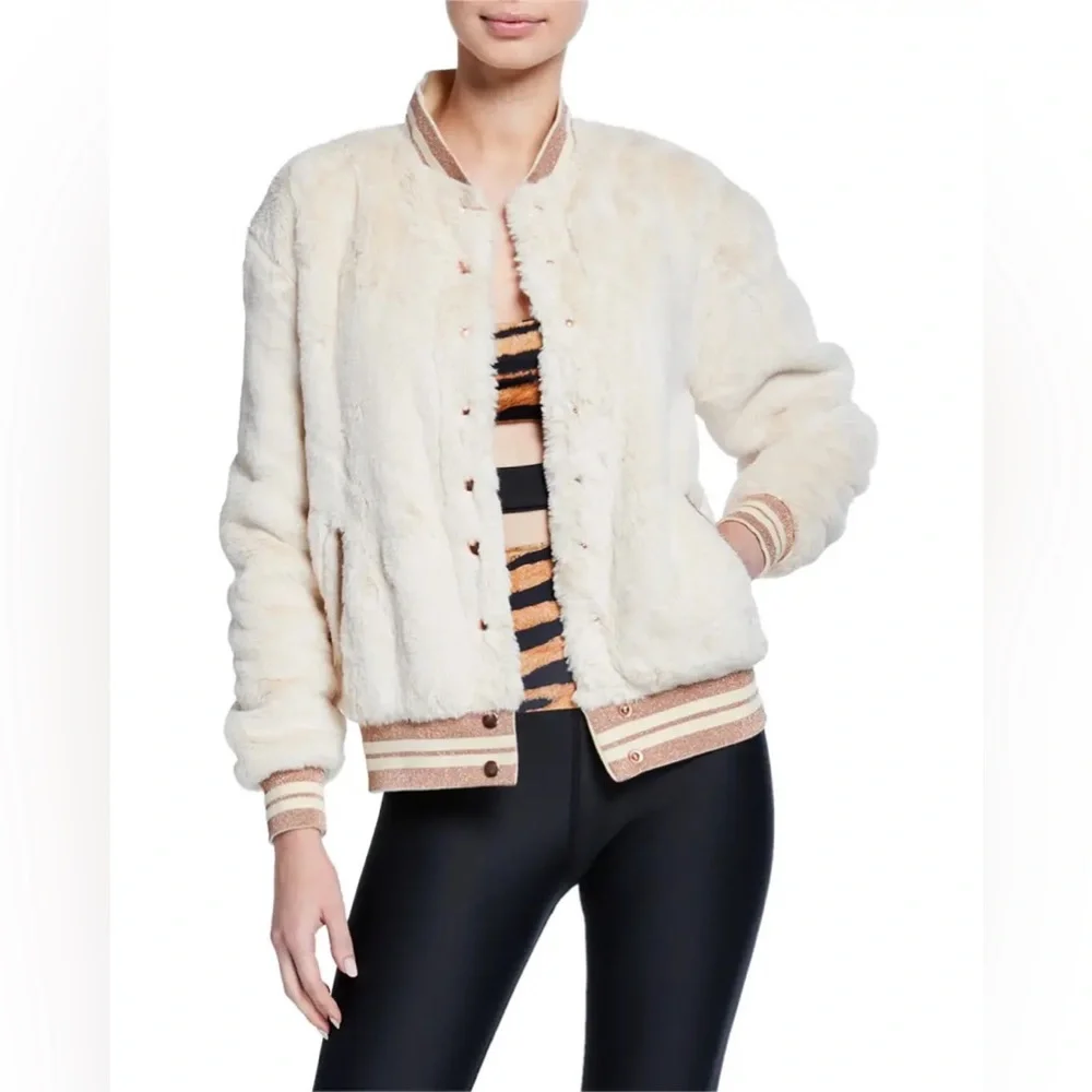 Beach Riot Baseball Stripe Faux Fur Bomber Jacket, size Large